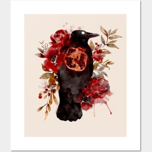 Autumn Oracle Crow Pomegranate Watercolor Posters and Art